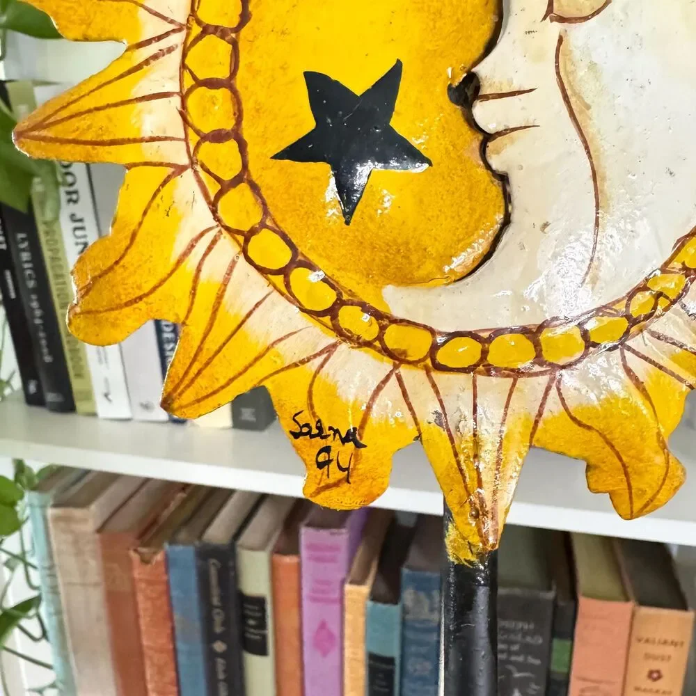 Vintage 90s Sun Moon Metal Candle Holder / Signed Hand Painted Celestial Art